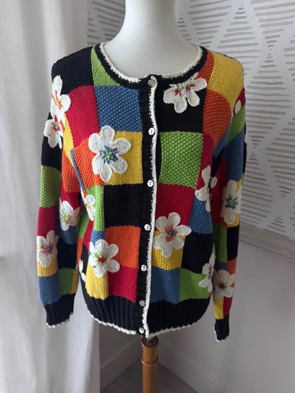 Vintage Y2K Susan Bristol Large Colorblock Patchwork Flower Cardigan Sweater